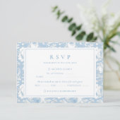Blauw Damast Bruiloft RSVP Kaartje (Staand voorkant)