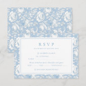 Blauw Damast Bruiloft RSVP Kaartje (Voorkant / Achterkant)