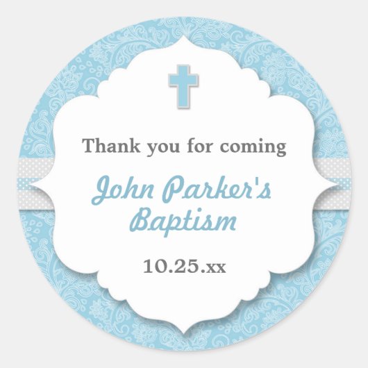 Blauw Damast cross jongen doop doop gunst Ronde Sticker (Voorkant)
