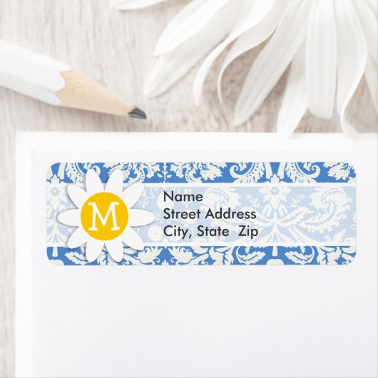 Blauw damast; Daisy Etiket (Insitu)