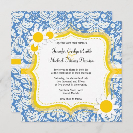 Blauw damast; Daisy Kaart (Voorkant / Achterkant)