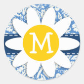 Blauw damast; Daisy Ronde Sticker (Voorkant)