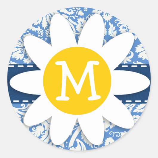 Blauw damast; Daisy Ronde Sticker (Voorkant)