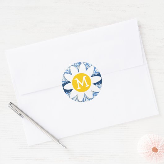 Blauw damast; Daisy Ronde Sticker (Envelop)