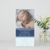 Blauw Damast Dank Je Wel Baby Shower Fotokaarten Bedankkaart (Staand voorkant)