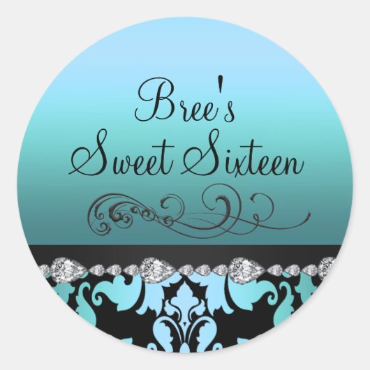 Blauw Damast & Diamant Sweet 16 Sticker (Voorkant)
