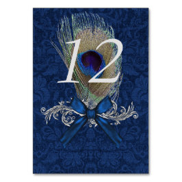 Blauw Damast en Peacock Feather Tafelnummer Kaart