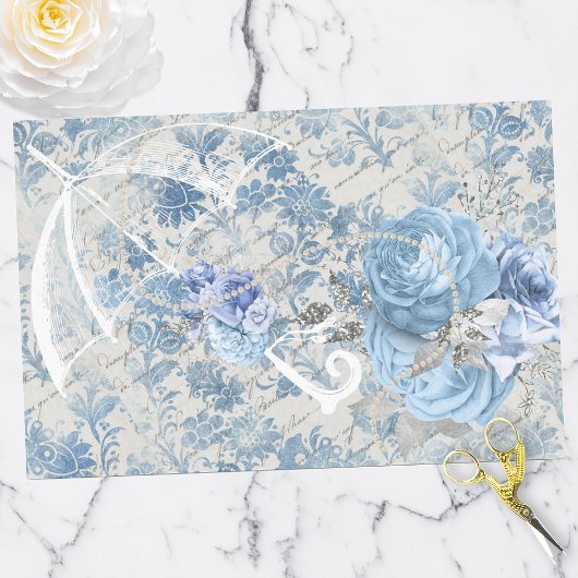 Blauw Damast Ephemera Bloemen Land Chic Tissuepapier
