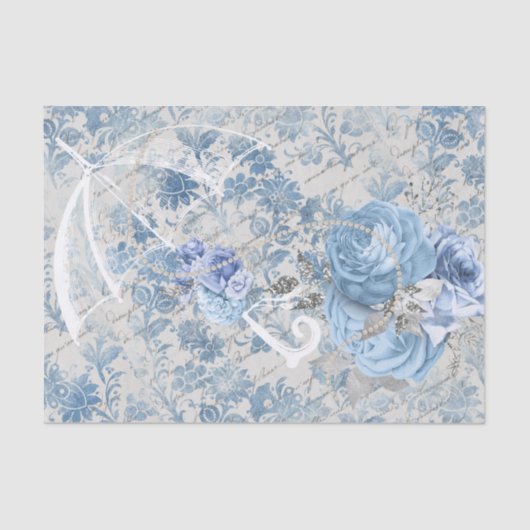 Blauw Damast Ephemera Bloemen Land Chic Tissuepapier (Voorkant)