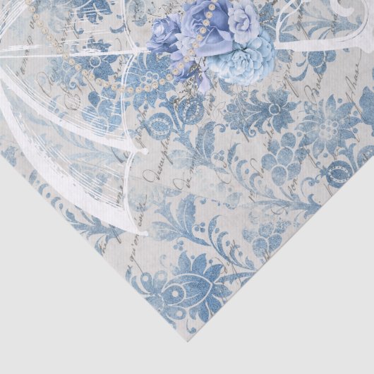 Blauw Damast Ephemera Bloemen Land Chic Tissuepapier (Detail)