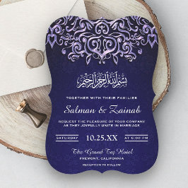 Blauw Damast Islamitische Moslim Trouwuitnodiging Kaart