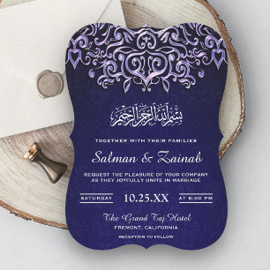 Blauw Damast Islamitische Moslim Trouwuitnodiging Kaart