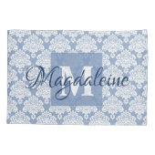 Blauw Damast Kussen Hoesje met Monogram & Naam Kussensloop (Achterkant)