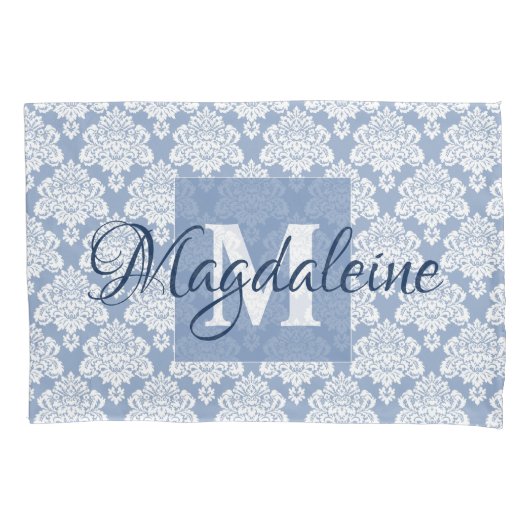 Blauw Damast Kussen Hoesje met Monogram & Naam Kussensloop (Voorkant)