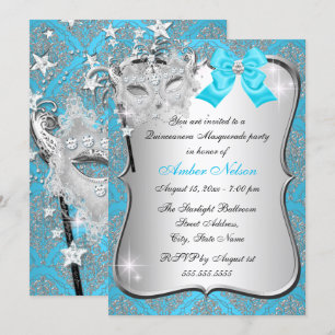 Blauw Damast Masker Quinceanera Maskerade Uitnodig Kaart