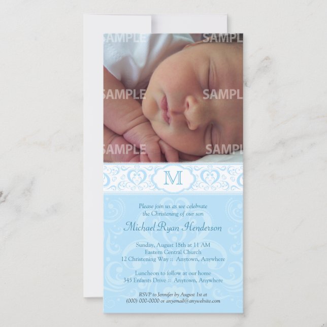 Blauw Damast Monogram Doop / Christeningsfeest (Voorkant)