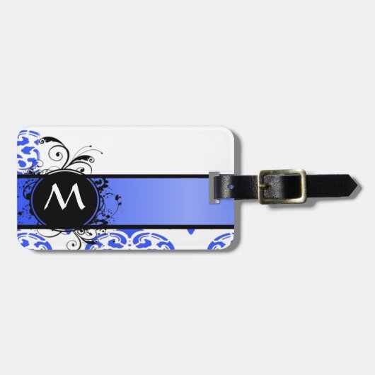 Blauw damast patroon en monogram bagagelabel (Voorkant horizontaal)