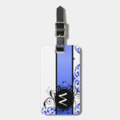 Blauw damast patroon en monogram bagagelabel (Voorkant verticaal)