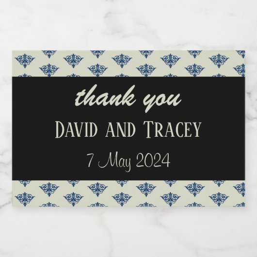 Blauw damast patroon grijs bruiloft sparkling wijnetiket (Enkel label)