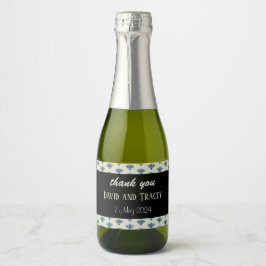 Blauw damast patroon grijs bruiloft sparkling wijnetiket