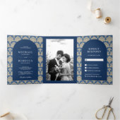 Blauw Damast Patroon Marokkaanse Boog Bruiloft Fot Drieluik Uitnodiging (Binnen)