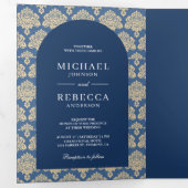 Blauw Damast Patroon Marokkaanse Boog Bruiloft Fot Drieluik Uitnodiging (Binnenzijde eerst)