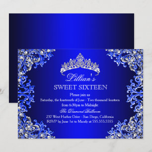 Blauw Damast Tiara Sweet 16 Uitnodiging