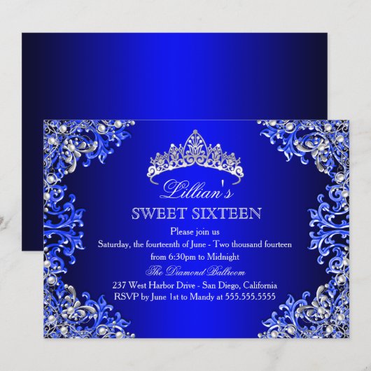 Blauw Damast Tiara Sweet 16 Uitnodiging (Voorkant / Achterkant)