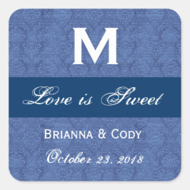 Blauw Damast WeddingMonogram Vierkante Sticker