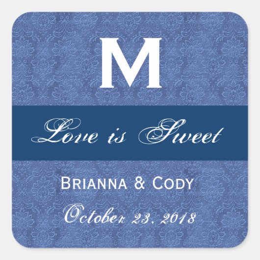 Blauw Damast WeddingMonogram Vierkante Sticker (Voorkant)
