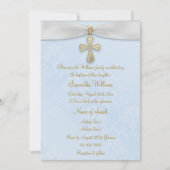 Blauw Damast, Wit Lint & Gouden Kruis Doop Kaart (Voorkant)