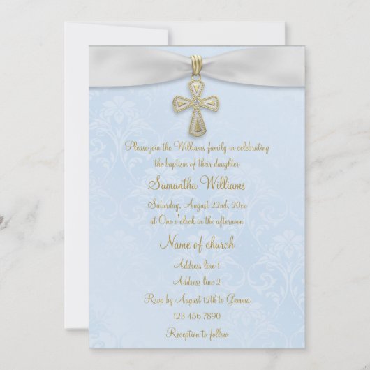 Blauw Damast, Wit Lint & Gouden Kruis Doop Kaart (Voorkant)