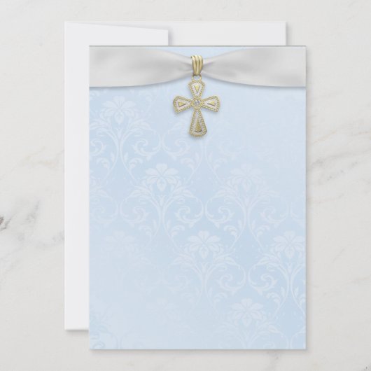 Blauw Damast, Wit Lint & Gouden Kruis Doop Kaart (Achterkant)