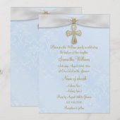 Blauw Damast, Wit Lint & Gouden Kruis Doop Kaart (Voorkant / Achterkant)