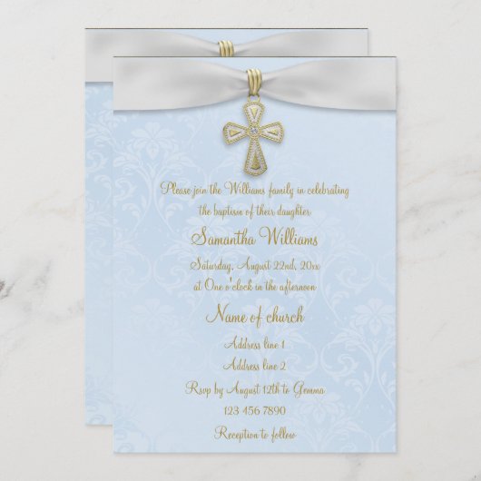 Blauw Damast, Wit Lint & Gouden Kruis Doop Kaart (Voorkant / Achterkant)