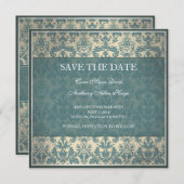 Blauw damasten save the date kaart uit het verlede (Voorkant / Achterkant)