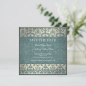 Blauw damasten save the date kaart uit het verlede (Staand voorkant)