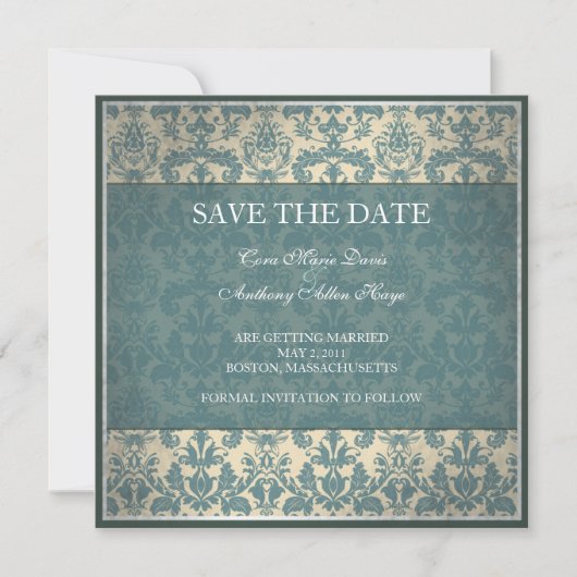 Blauw damasten save the date kaart uit het verlede (Voorkant)