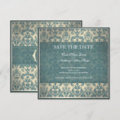 Blauw damasten vintage save the date kaart (Voorkant / Achterkant)