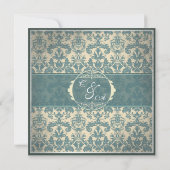 Blauw damasten vintage save the date kaart (Achterkant)