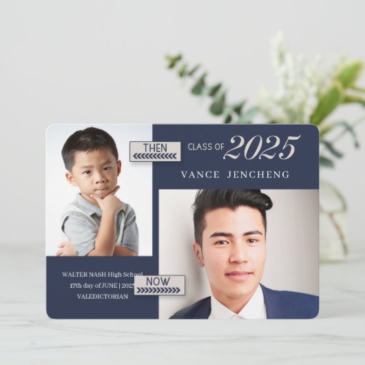 Blauw Dan en nu 2 Foto 2023 Afstuderen Kaart (Staand voorkant)