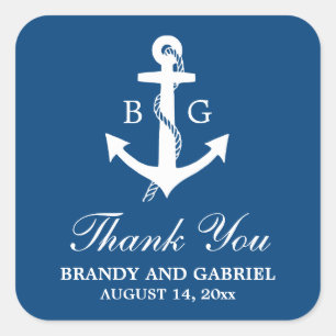 Blauw Dank u Nautical Monogram Weddenschappen Vierkante Sticker