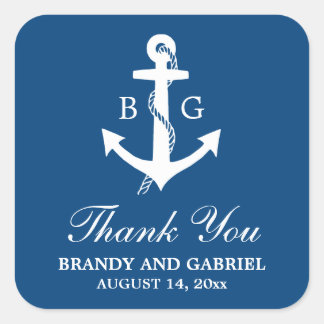 Blauw Dank u Nautical Monogram Weddenschappen Vierkante Sticker
