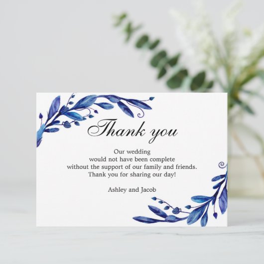 Blauw, dank u. Wintertrouwbriefje. botanisch Bedankkaart (Staand voorkant)