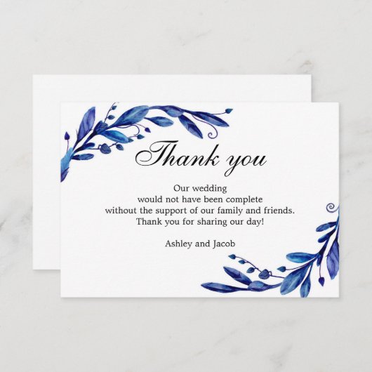 Blauw, dank u. Wintertrouwbriefje. botanisch Bedankkaart (Voorkant / Achterkant)