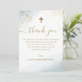 Blauw Dankjewel Gouden Kruis Jongen Eerste Heilige Bedankkaart (Staand voorkant)