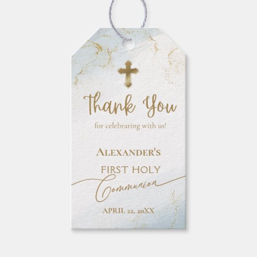 Blauw Dankjewel Gouden Kruis Jongen Eerste Heilige Cadeaulabel (Voorkant)