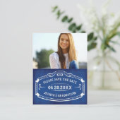  Blauw De datum opslaan Afstuderen Foto Briefkaart (Staand voorkant)