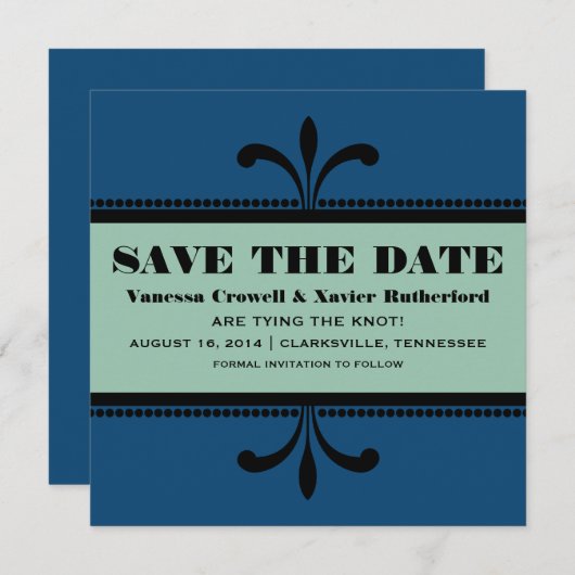 Blauw/de Fancy Kunst deco sparen de Datum uitnodig Save The Date (Voorkant / Achterkant)