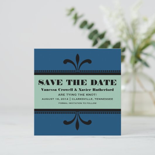 Blauw/de Fancy Kunst deco sparen de Datum uitnodig Save The Date (Staand voorkant)